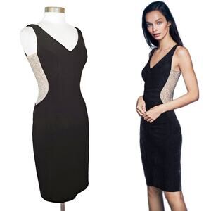 XSCAPE Black Jersey Knit Caviar Beaded Side Panel Cocktail Dress Size 4 V-neck